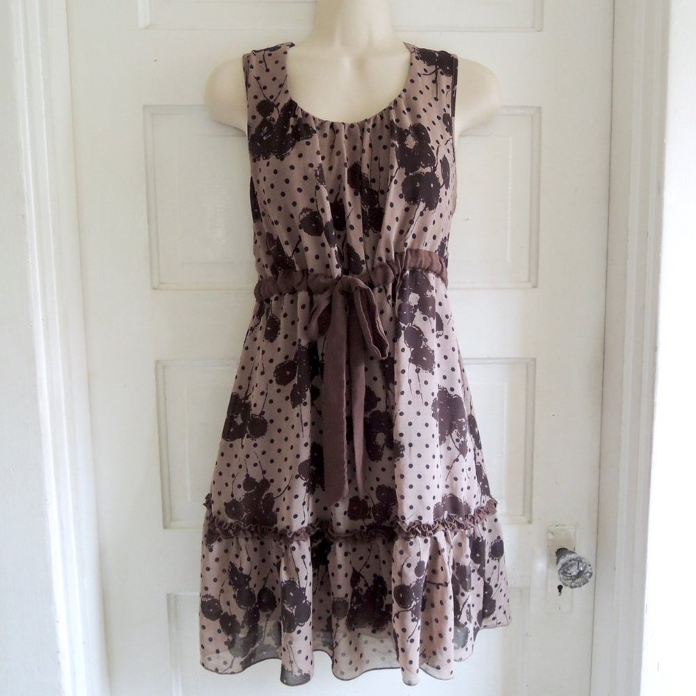 Ya Los Angeles Brown Floral Polka Dot Ruffle Dress M
